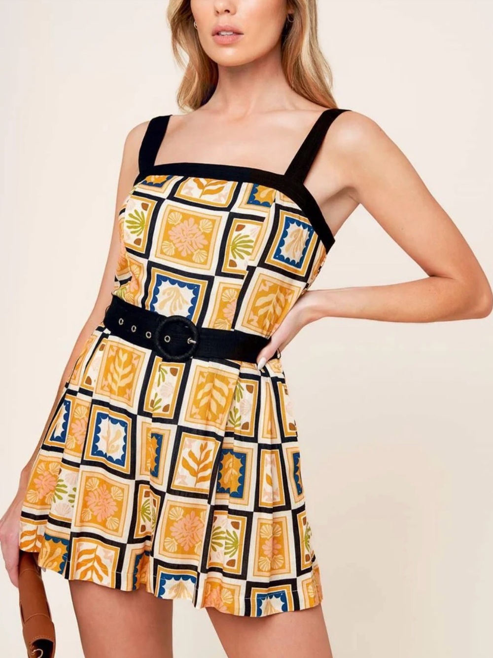 vestique Yellow & Black Square Tile Mini Dress
